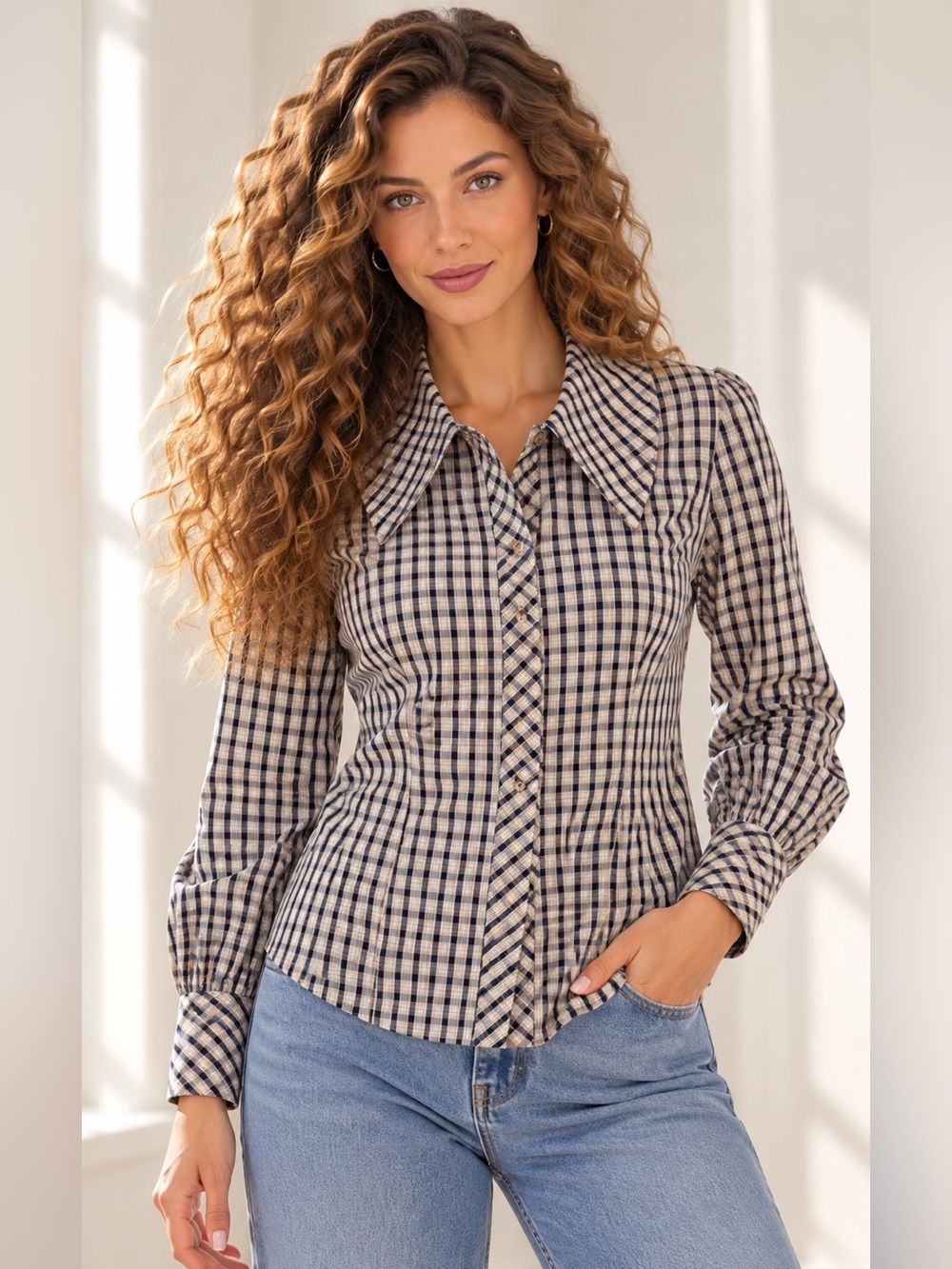 Zara Plaid Tailored Tie-Neck Blouse – Size M